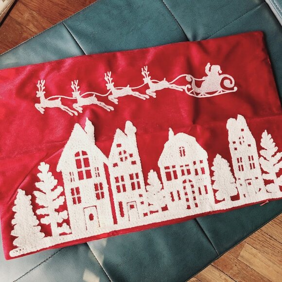 Red Christmas Pillow Cover Holiday Santa Decor Soft Embroidered Lumbar Case 20" - Picture 3 of 11